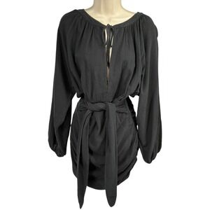 Free People Black Mini Dress Button Back Ruched Tie Waist Long Sleeve S
